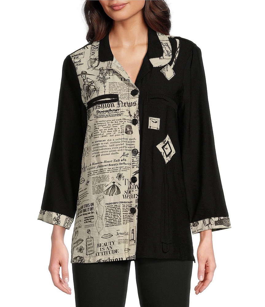 Ali Miles Printed Point Collar 3/4 Sleeve Button Down Top