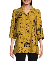 Ali Miles Abstract Printed Point Collar 3/4 Sleeve Button Down Top