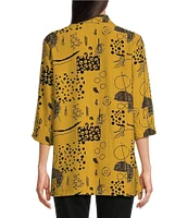 Ali Miles Abstract Printed Point Collar 3/4 Sleeve Button Down Top