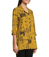 Ali Miles Abstract Printed Point Collar 3/4 Sleeve Button Down Top