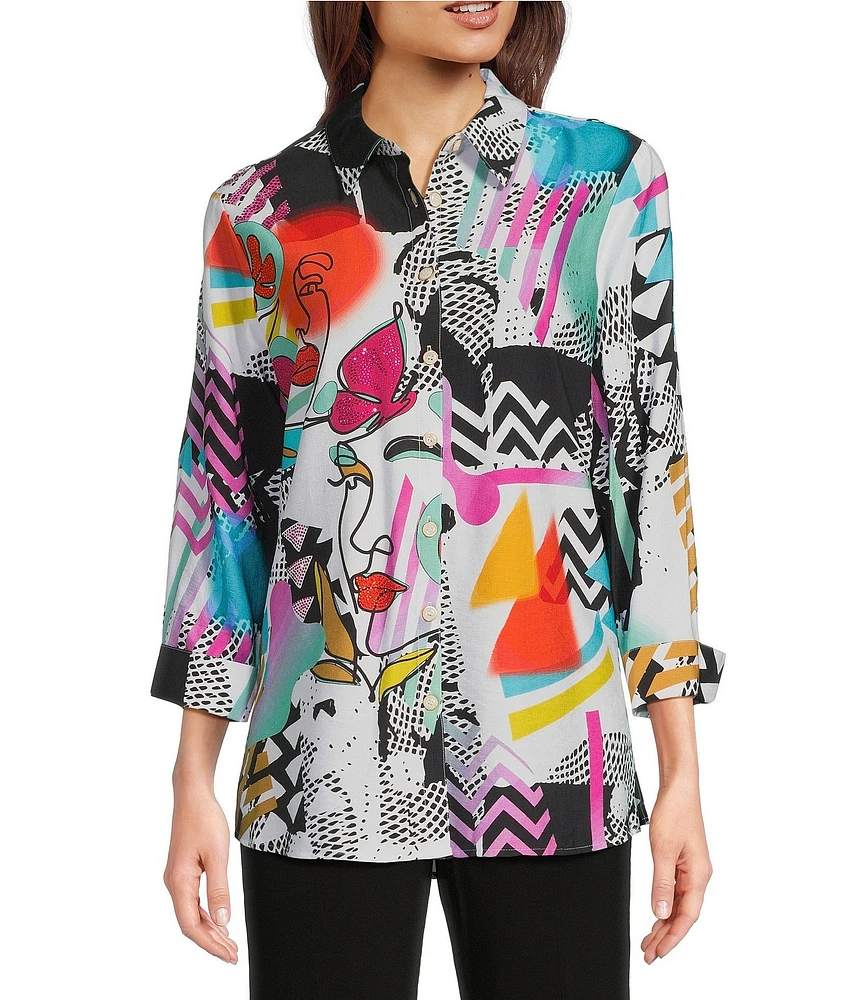 Ali Miles Printed Point Collar 3/4 Sleeve Button-Front Tunic