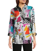 Ali Miles Printed Point Collar 3/4 Sleeve Button-Front Tunic