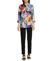 Ali Miles Printed Point Collar 3/4 Sleeve Button-Front Tunic