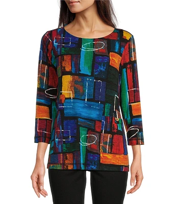 Ali Miles Printed Stretch Crew Neck 3/4 Sleeve Tunic Top