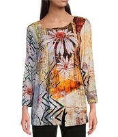 Ali Miles Printed Stretch Knit Round Neck 3/4 Sleeve Tunic