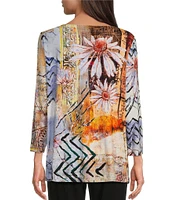 Ali Miles Printed Stretch Knit Round Neck 3/4 Sleeve Tunic