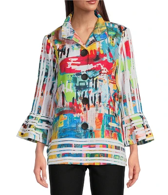 Ali Miles Printed Wire Collar 3/4 Bell Sleeve Button-Front Tunic