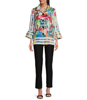 Ali Miles Printed Wire Collar 3/4 Bell Sleeve Button-Front Tunic