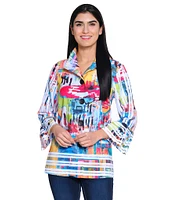 Ali Miles Printed Wire Collar 3/4 Bell Sleeve Button-Front Tunic