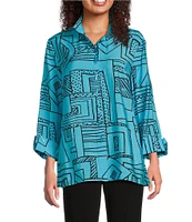 Ali Miles Printed Wire Collar 3/4 Sleeve Button Front Tunic