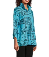 Ali Miles Printed Wire Collar 3/4 Sleeve Button Front Tunic