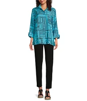 Ali Miles Printed Wire Collar 3/4 Sleeve Button Front Tunic