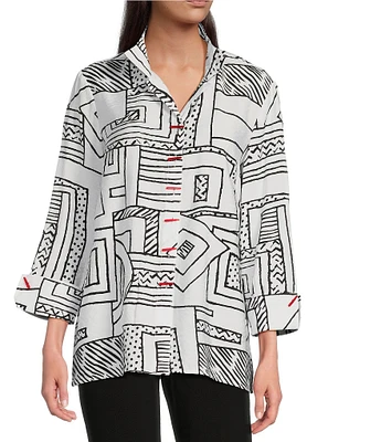 Ali Miles Printed Wire Collar 3/4 Sleeve Button Front Tunic