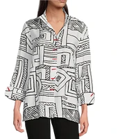 Ali Miles Printed Wire Collar 3/4 Sleeve Button Front Tunic