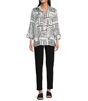 Ali Miles Printed Wire Collar 3/4 Sleeve Button Front Tunic