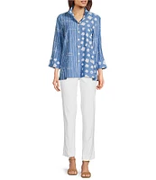Ali Miles Printed Wire Collar 3/4 Sleeve Button-Front Tunic