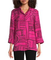 Ali Miles Printed Wire Collar 3/4 Sleeve Button Front Tunic