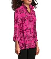 Ali Miles Printed Wire Collar 3/4 Sleeve Button Front Tunic