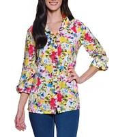 Ali Miles Water Effect Floral Print Wire Collar 3/4 Sleeve Button Front Tunic