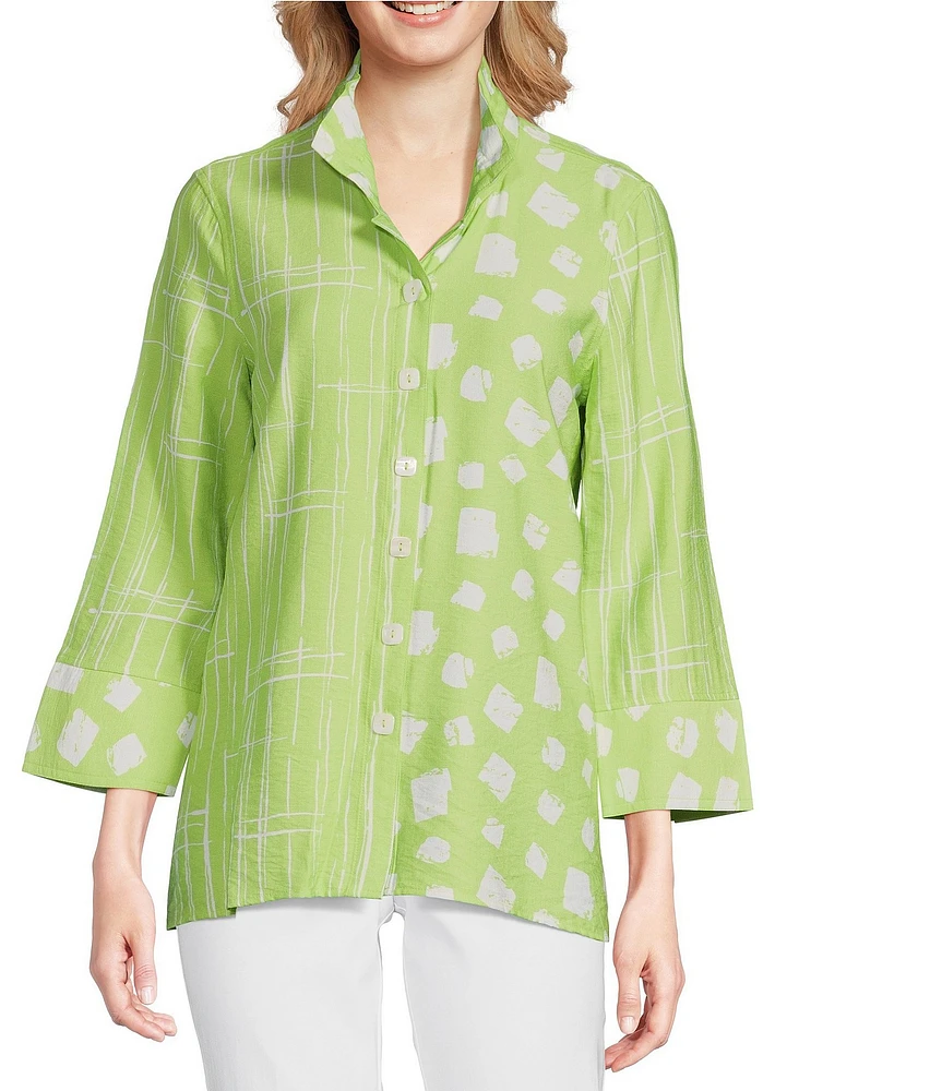Ali Miles Printed Wire Collar 3/4 Sleeve Button-Front Tunic
