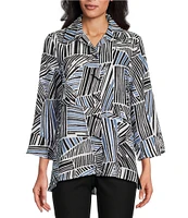 Ali Miles Printed Woven Wire Collar 3/4 Sleeve Asymmetric Hem Button-Front Tunic