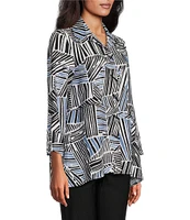 Ali Miles Printed Woven Wire Collar 3/4 Sleeve Asymmetric Hem Button-Front Tunic