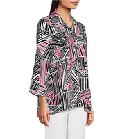 Ali Miles Printed Woven Wire Collar 3/4 Sleeve Asymmetric Hem Button-Front Tunic