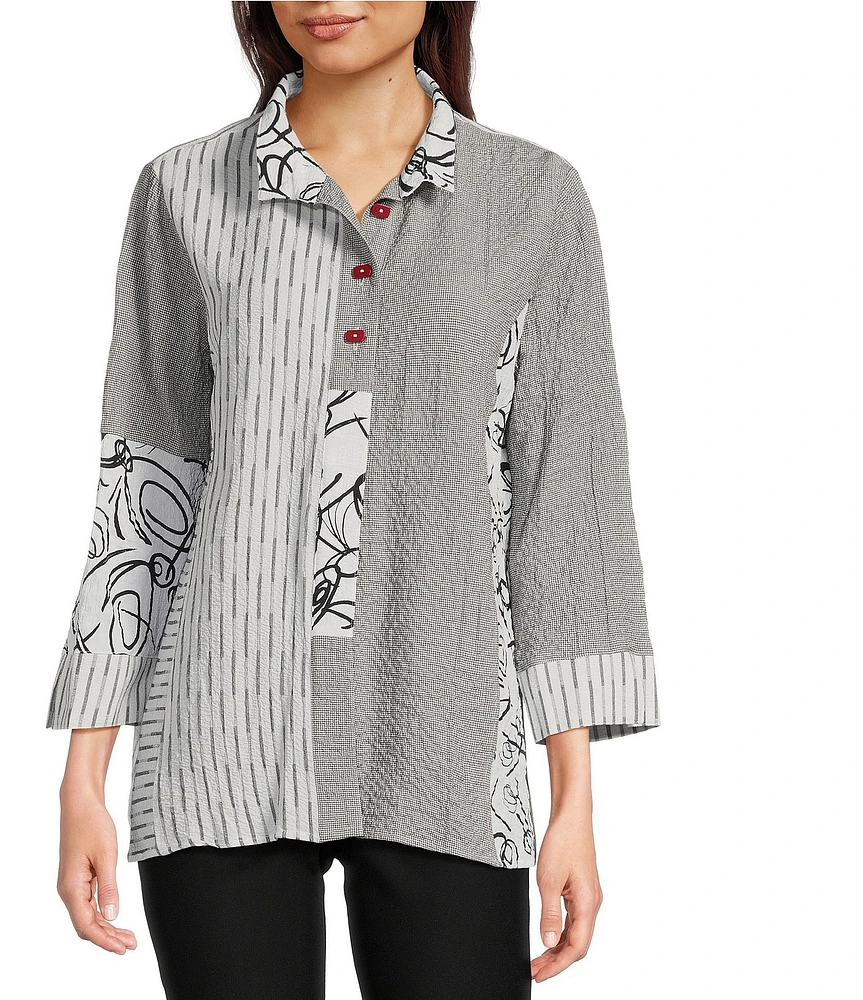Ali Miles Pucker Mixed Print Wire Collar 3/4 Sleeve Button Front Tunic