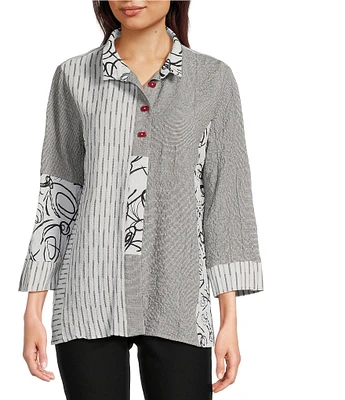 Ali Miles Pucker Mixed Print Wire Collar 3/4 Sleeve Button Front Tunic