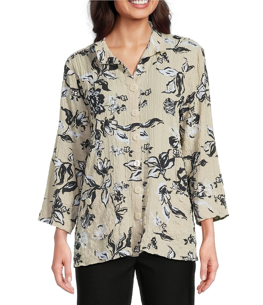 Ali Miles Pucker Woven Allover Stroke Floral Wire Collar 3/4 Sleeves Button Front Shirt