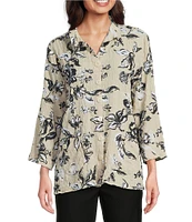 Ali Miles Pucker Woven Allover Stroke Floral Wire Collar 3/4 Sleeves Button Front Shirt