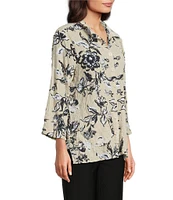 Ali Miles Pucker Woven Allover Stroke Floral Wire Collar 3/4 Sleeves Button Front Shirt