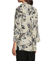Ali Miles Pucker Woven Allover Stroke Floral Wire Collar 3/4 Sleeves Button Front Shirt