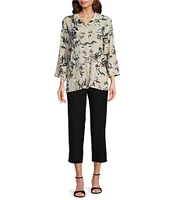 Ali Miles Pucker Woven Allover Stroke Floral Wire Collar 3/4 Sleeves Button Front Shirt