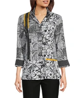 Ali Miles Puckered Woven Floral Stripe Printed Wire Collar 3/4 Sleeve Contrast Trim Button Front Tunic