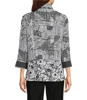 Ali Miles Puckered Woven Floral Stripe Printed Wire Collar 3/4 Sleeve Contrast Trim Button Front Tunic