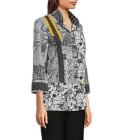 Ali Miles Puckered Woven Floral Stripe Printed Wire Collar 3/4 Sleeve Contrast Trim Button Front Tunic