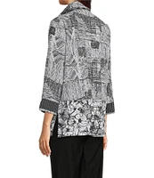Ali Miles Puckered Woven Floral Stripe Printed Wire Collar 3/4 Sleeve Contrast Trim Button Front Tunic