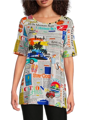 Ali Miles Round Neck Short Sleeve Novelty Tropical Newspaper Print Top