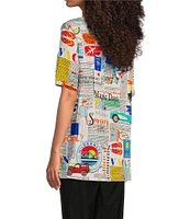 Ali Miles Round Neck Short Sleeve Novelty Tropical Newspaper Print Top