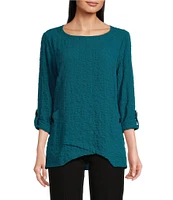 Ali Miles Solid Puckered Woven Crew Neck 3/4 Roll-Tab Sleeve Button Accent Detail Tunic