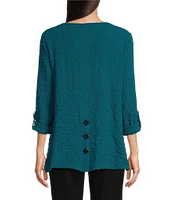 Ali Miles Solid Puckered Woven Crew Neck 3/4 Roll-Tab Sleeve Button Accent Detail Tunic