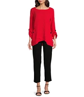 Ali Miles Solid Puckered Woven Crew Neck 3/4 Roll-Tab Sleeve Button Accent Detail Tunic