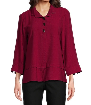 Ali Miles Solid Woven Point Collar 3/4 Roll-Tab Sleeve Blouse