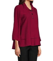 Ali Miles Solid Woven Point Collar 3/4 Roll-Tab Sleeve Blouse