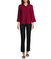 Ali Miles Solid Woven Point Collar 3/4 Roll-Tab Sleeve Blouse