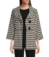 Ali Miles Stretch Jacquard Houndstooth Collared 3/4 Sleeve Button Up Jacket