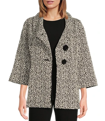 Ali Miles Stretch Jacquard Leopard Print Collared 3/4 Sleeve Button Up Jacket