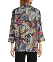 Ali Miles Stretch Knit Abstract Print Cowl Neck 3/4 Sleeve Front Pouch Pocket Popover Tunic