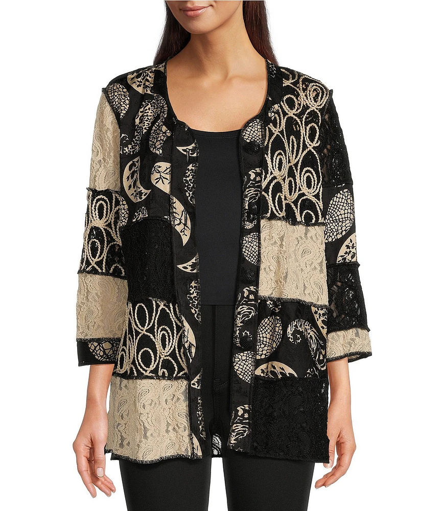 Ali Miles Stretch Mixed Media V-Neck 3/4 Sleeve Jacket